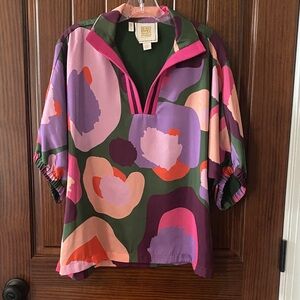Vibrant Floral Blouse with Pink and Green Accents